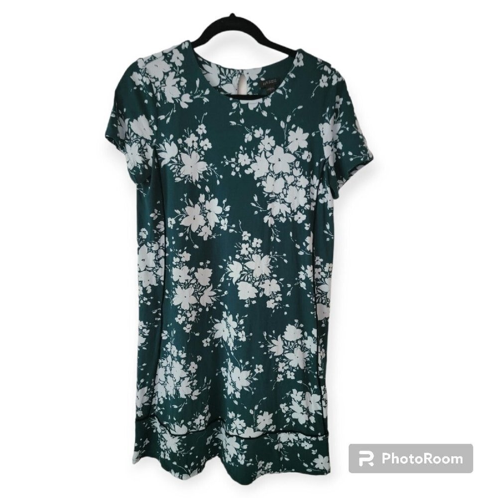 J Jill Wearever Rayon Spandex Green Floral Print A line Dress Size Small